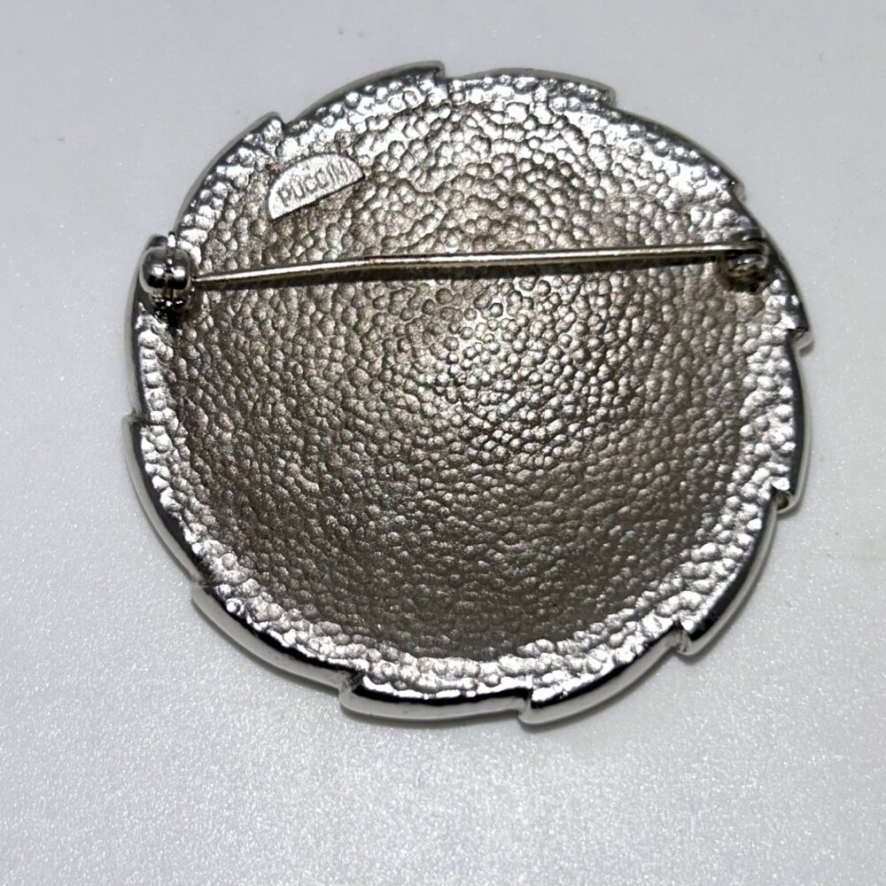 Vintage Puccini Silver-Tone Round Brooch With Textured White Center Statement - Picture 14 of 15